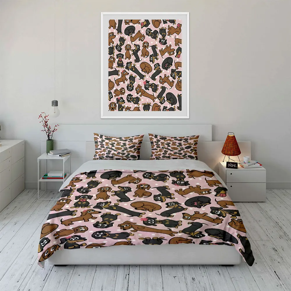 

"Dachshund Pattern Three-Piece Set - Home" Multiple sizes kid's and adults' bedroom Exquisite 3PC bedding set, gift