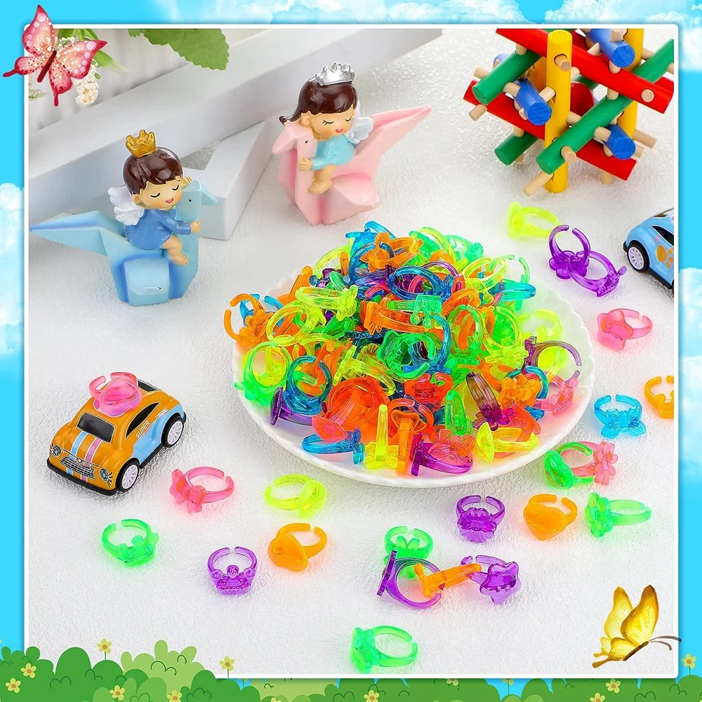 30/100PCS Children\'s Toys for Kids Girls Boys Glitter Plastic Rings Party Favors Assorted Colors Designs Easter Trinkets