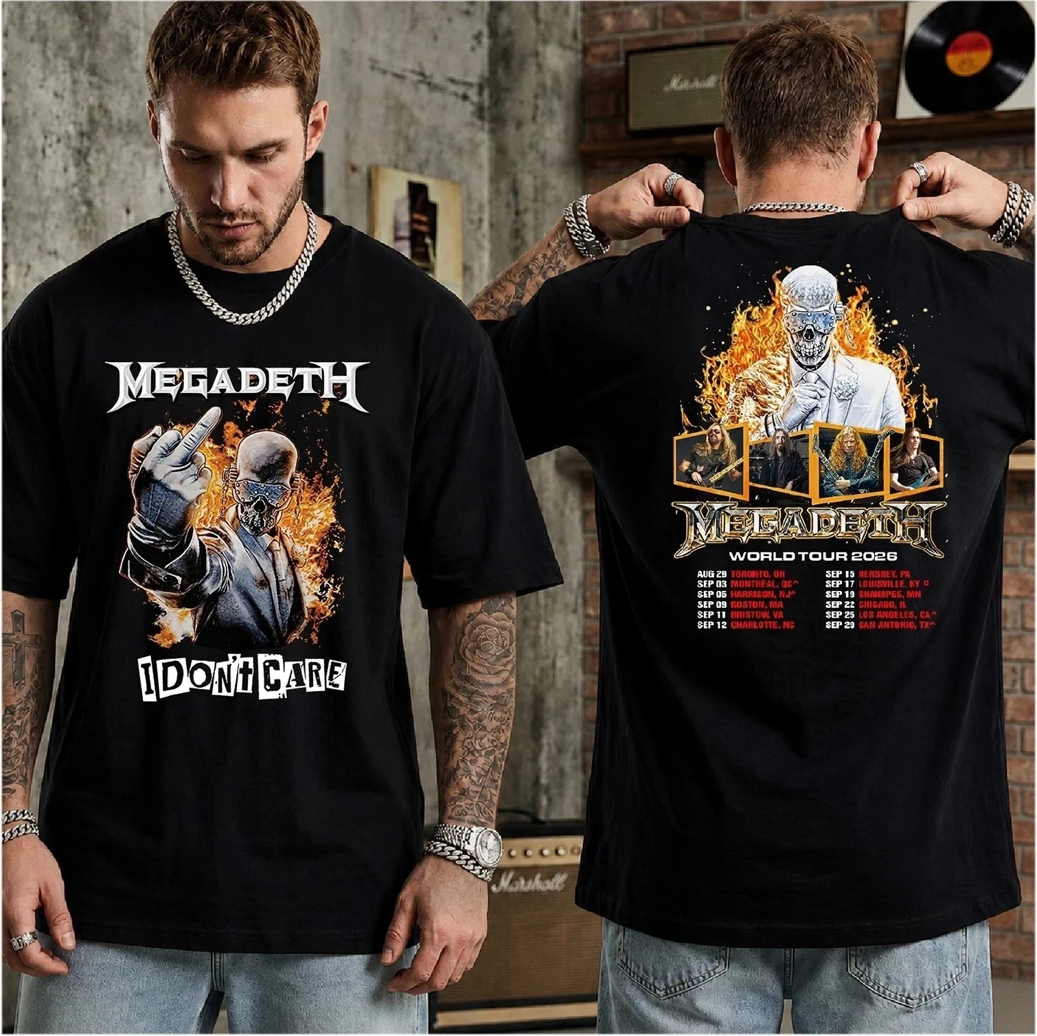 Megadeth I Don't Care World Tour 2026 Double Sided T-shirt Thrash Metal Band Vic Rattlehead Graphic Heavy Short Sleeve Shirt