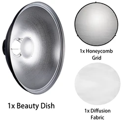 Selens Reflector Beauty Dish 55cm/18.2in Honeycomb Grid and Diffuser Kit for Bowens Mount Studio Shooting Strobe Steady Light