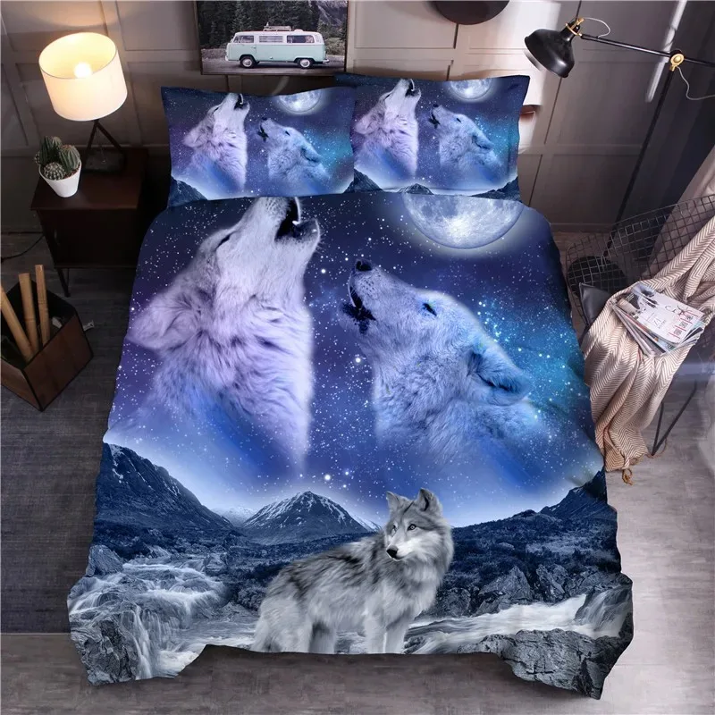 Animal Polyester Duvet Cover Set King Queen Twin Full Size Wild Animals Wolf Lion Fox Tiger 3D Print for Kids Boys Bedding Set