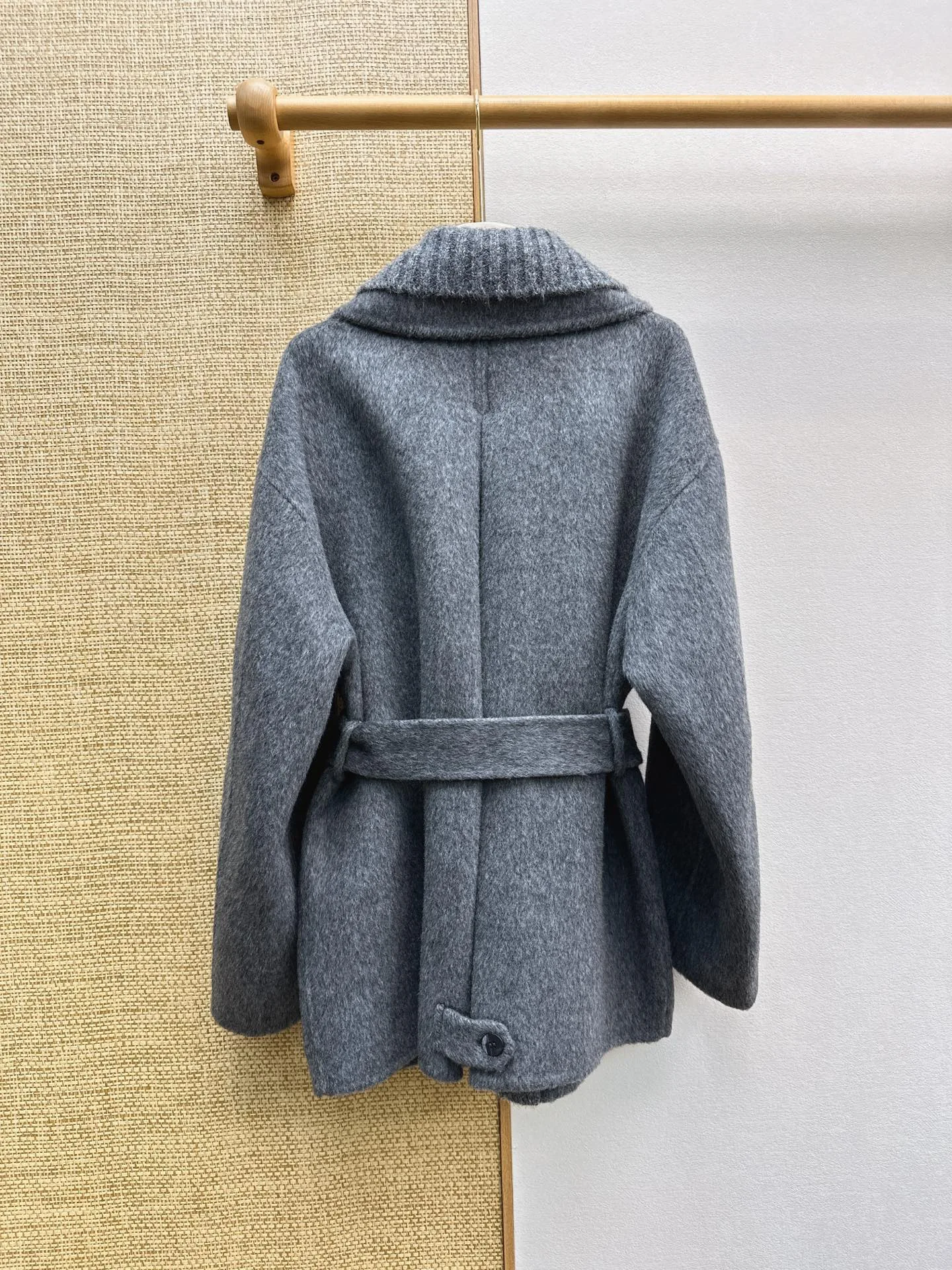 Women Autumn Winter New Heather Grey Double-sided Wool Coat, Knit Collar Spliced Outerwear