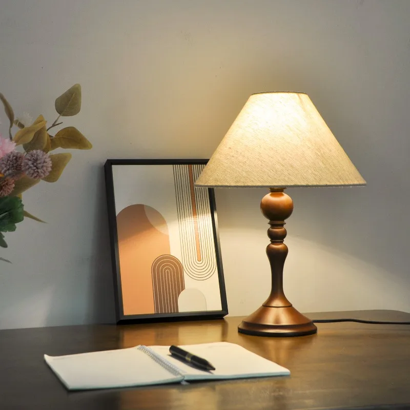 American Retro Wooden Roman Column Table Lamps White Fabric Lampshade Living Room Bedroom Restaurant Office Reading Desk Lights