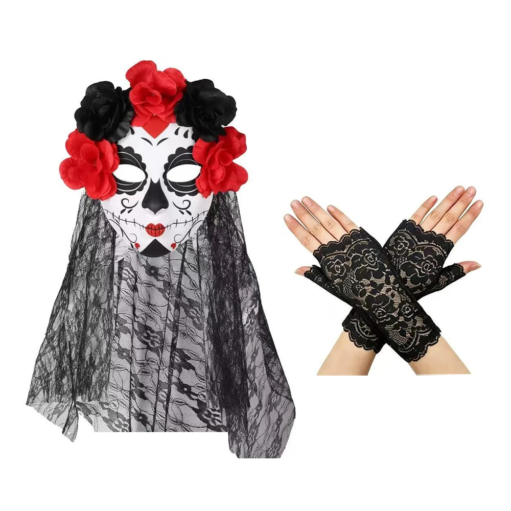Halloween Day of The Dead Mask Veil Flower Lace Gloves Sugar Skull Cosplay Accessory Set view 2