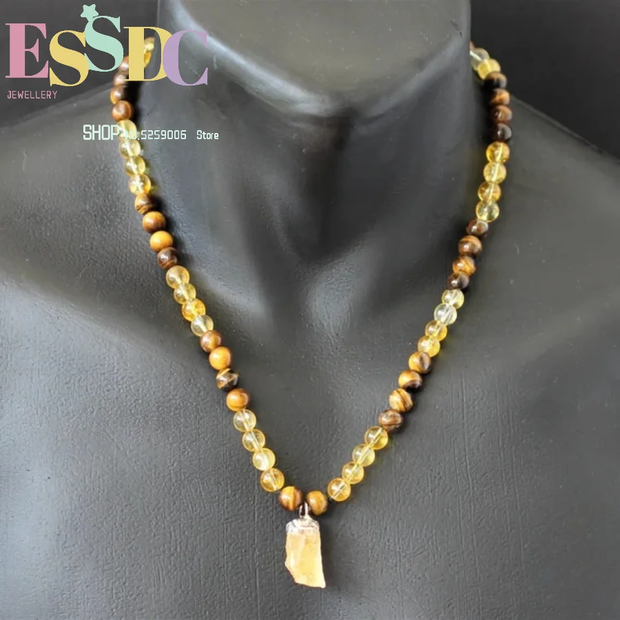 Men's Natural Citrine Beaded Tiger Eye Necklace Tassel Neck Jewelry Balance Energy Enhance Aura Mascot Jewelry