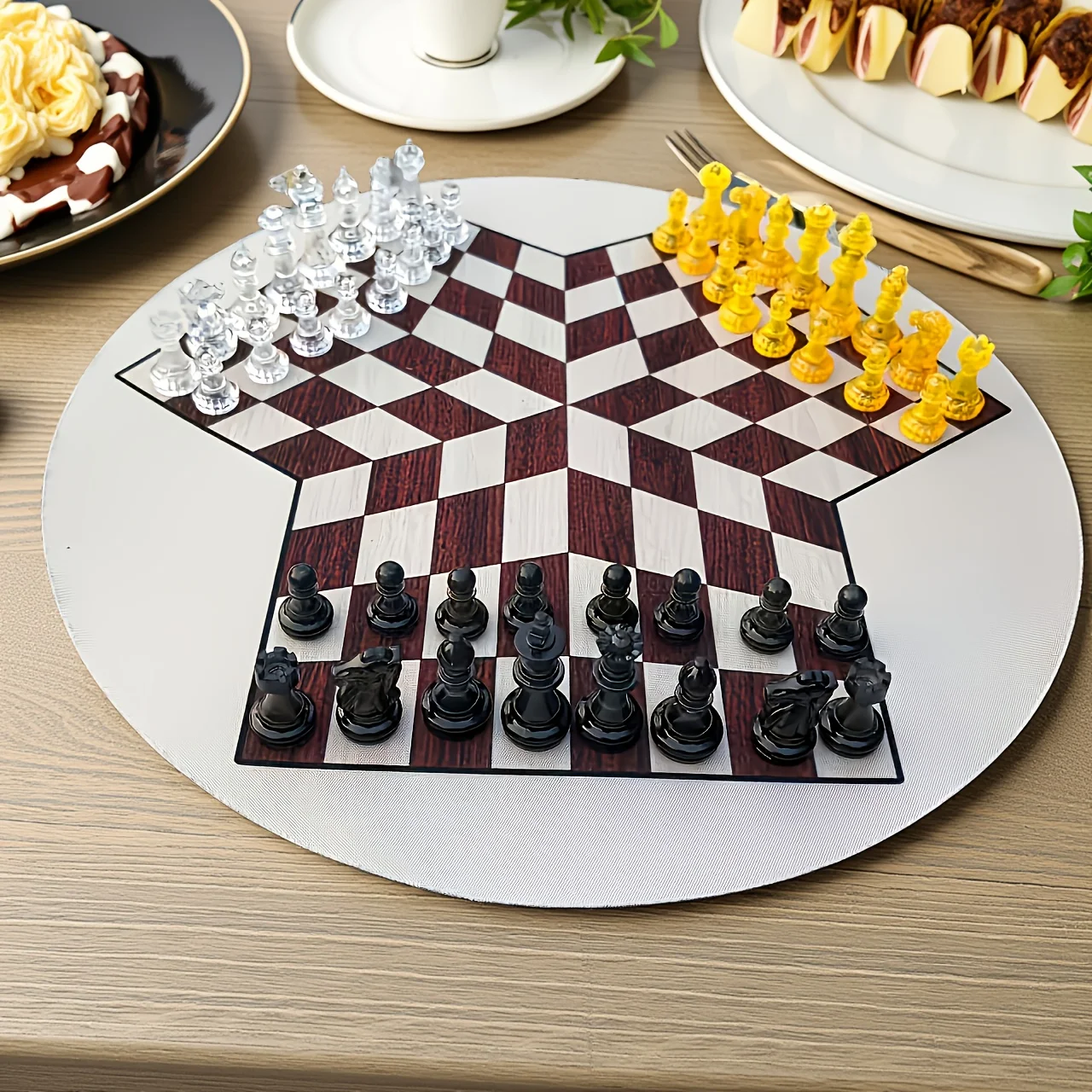 Jeu d'échecs 3 joueurs avec pièces transparentes, incluant des pièces transparentes haut de gamme tricolores et un grand plateau en caoutchouc épais