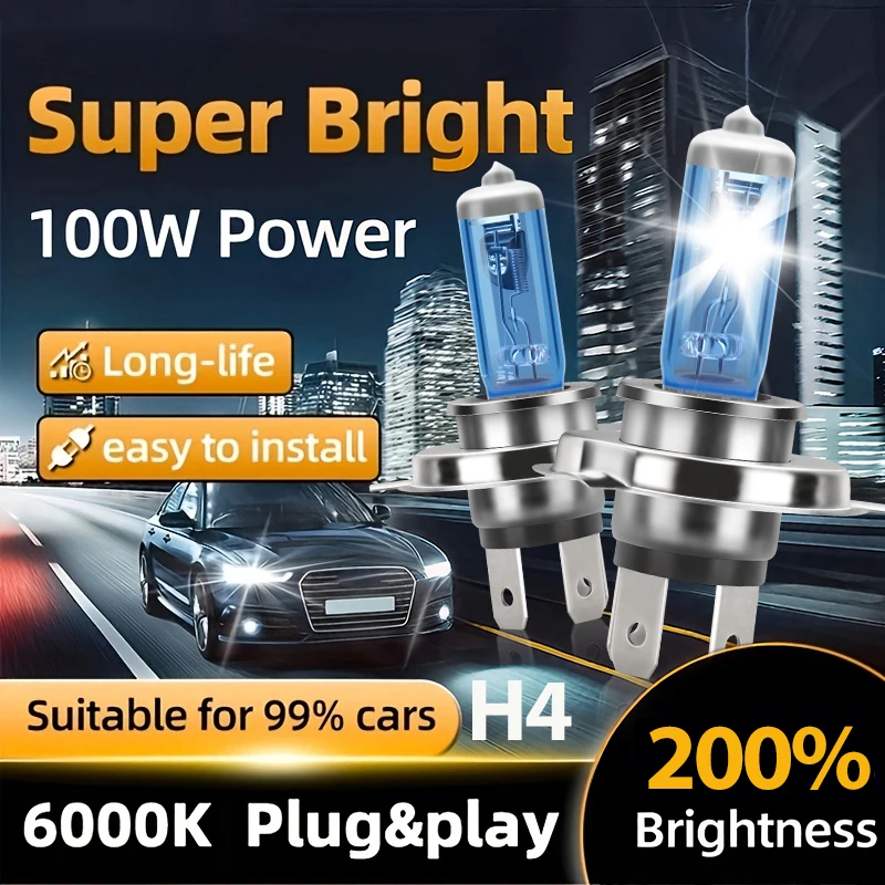 H4 H7  Car Halogen Headlight Car Light Hi/Lo Beam 6000K DC12V 100W Cool Blue Hyper White Bulb 2 Piece Auto Light Lamp