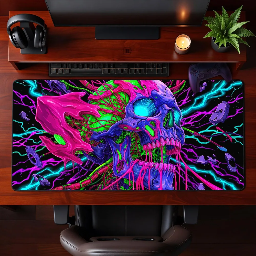 Cyberpunk Skulls Desk Mat Neon Psychedelic Gothic Gamer Mouse Pad Edgy Sci-Fi PC Gaming Vibrant Tech Aesthetic Extended Mousepad