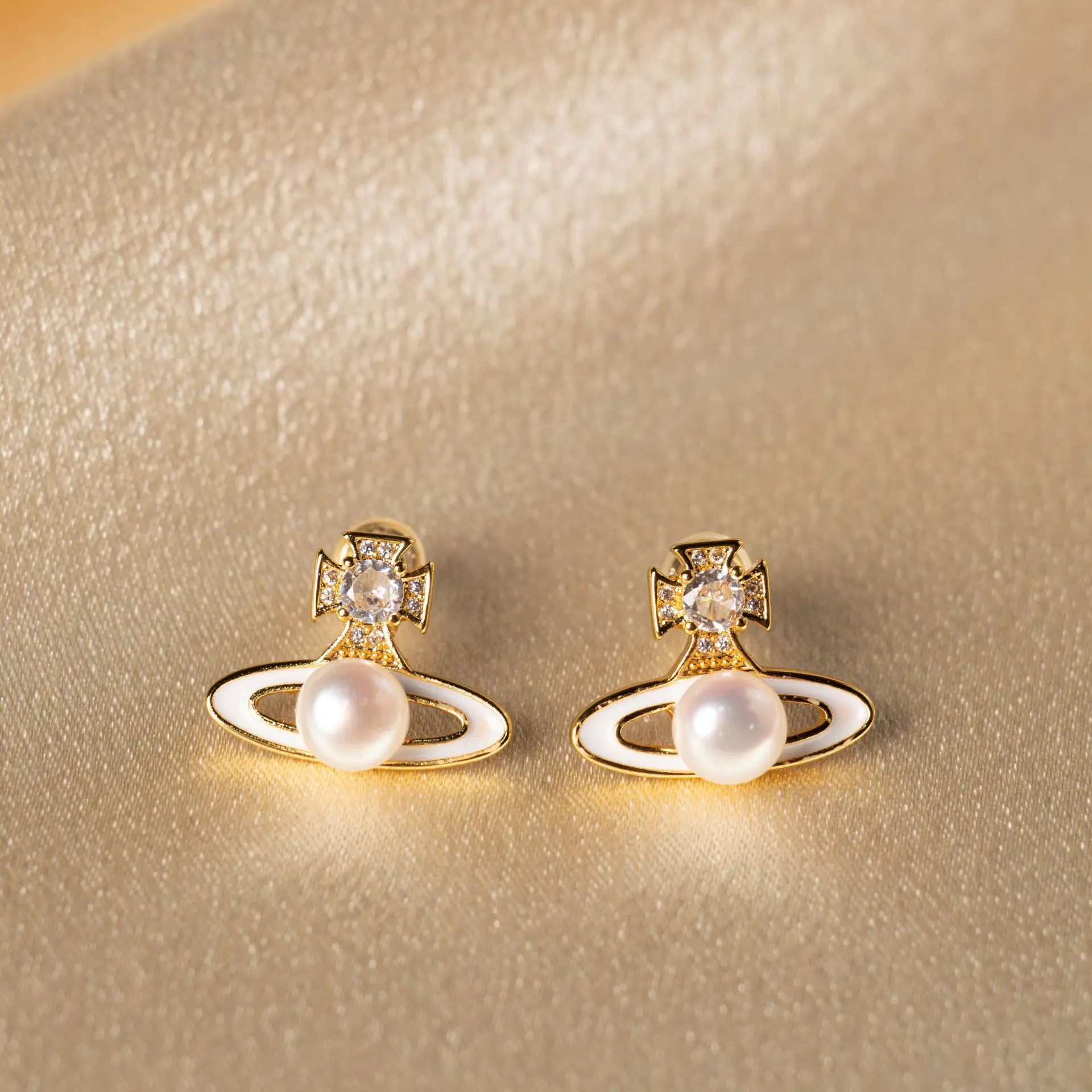 

New Arrival Natural Freshwater Pearl Fashion Saturn Zircon Design 14K Gold Filled Female Stud Earrings Jewelry For Women Gift