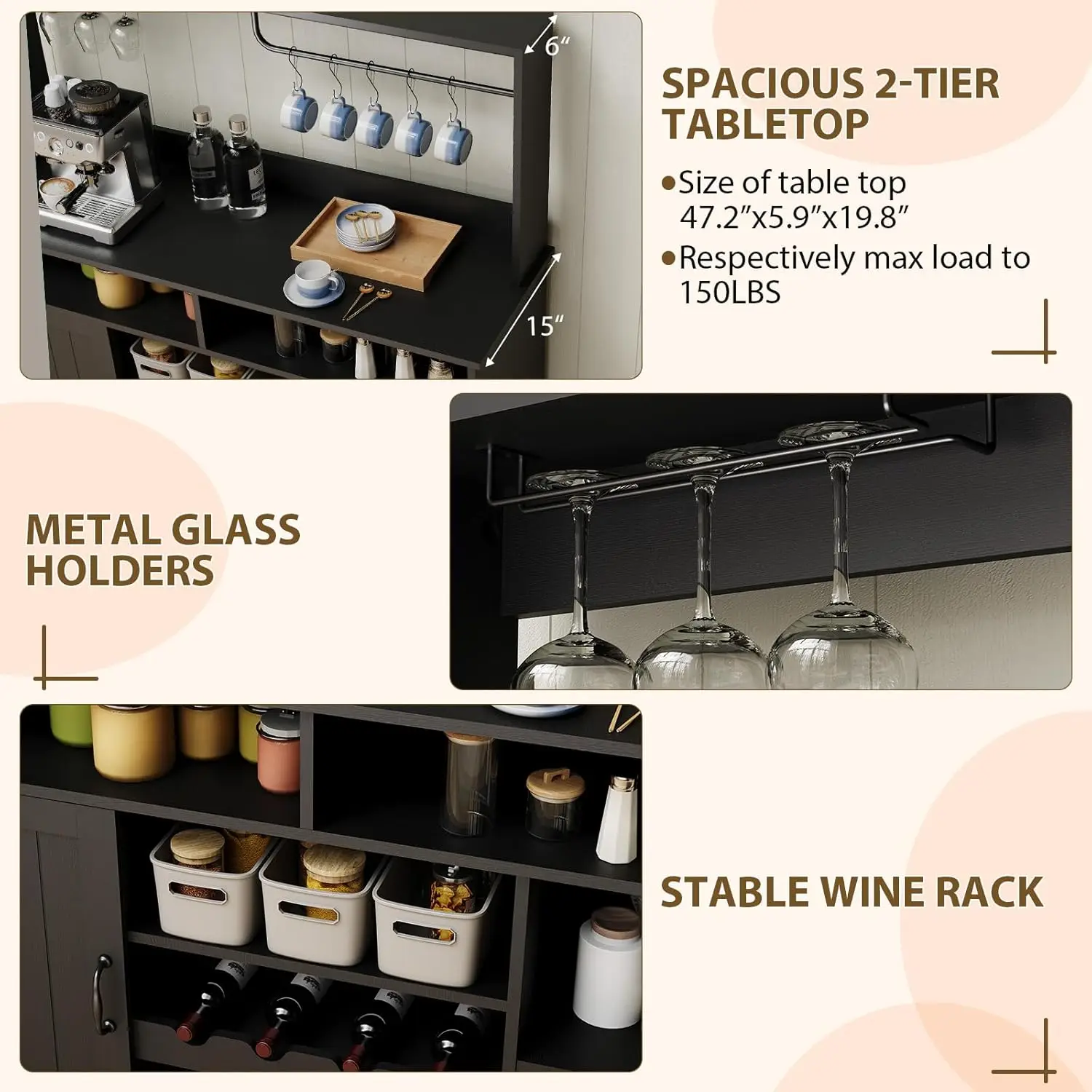 Armário de Café Estilo Fazenda de 47 polegadas com 5 Ganchos, Armário Buffet com Tomadas, Suporte para Taças, Personalizado