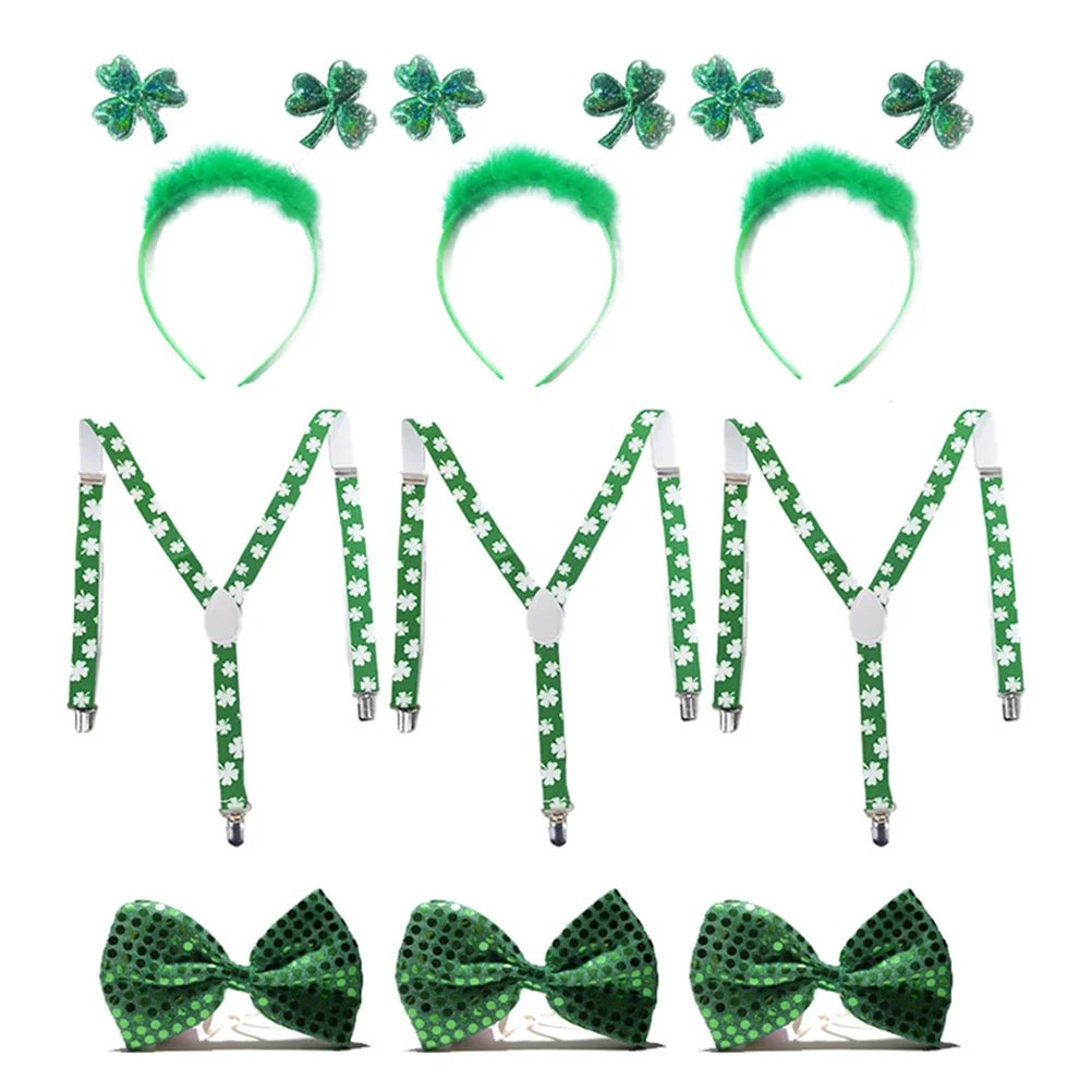 

9Pcs St Patrick's Day Festival Costume Set Suspenders 2.5cm Elastic Party Tie Headdress Party Suspender Accessories
