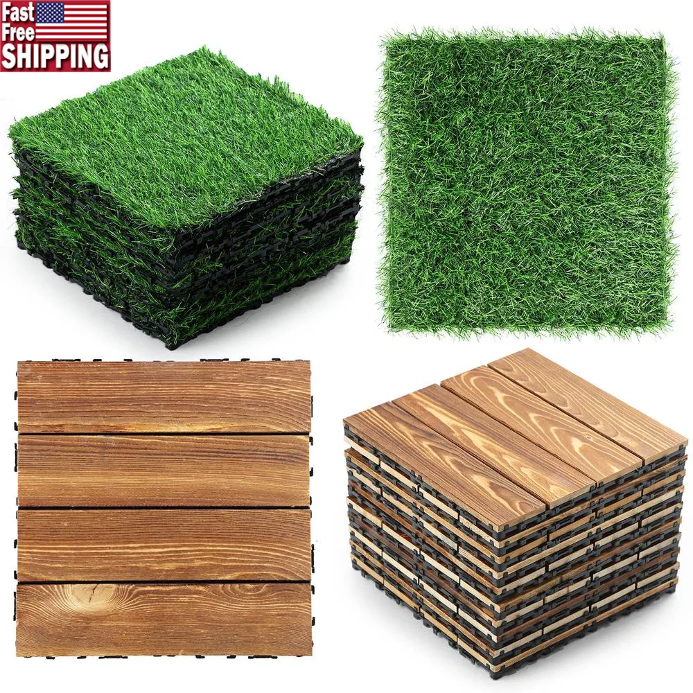 24 Pcs Outdoor Interlocking Deck Tiles Waterproof Wood Flooring Artificial Grass Easy DIY Installation