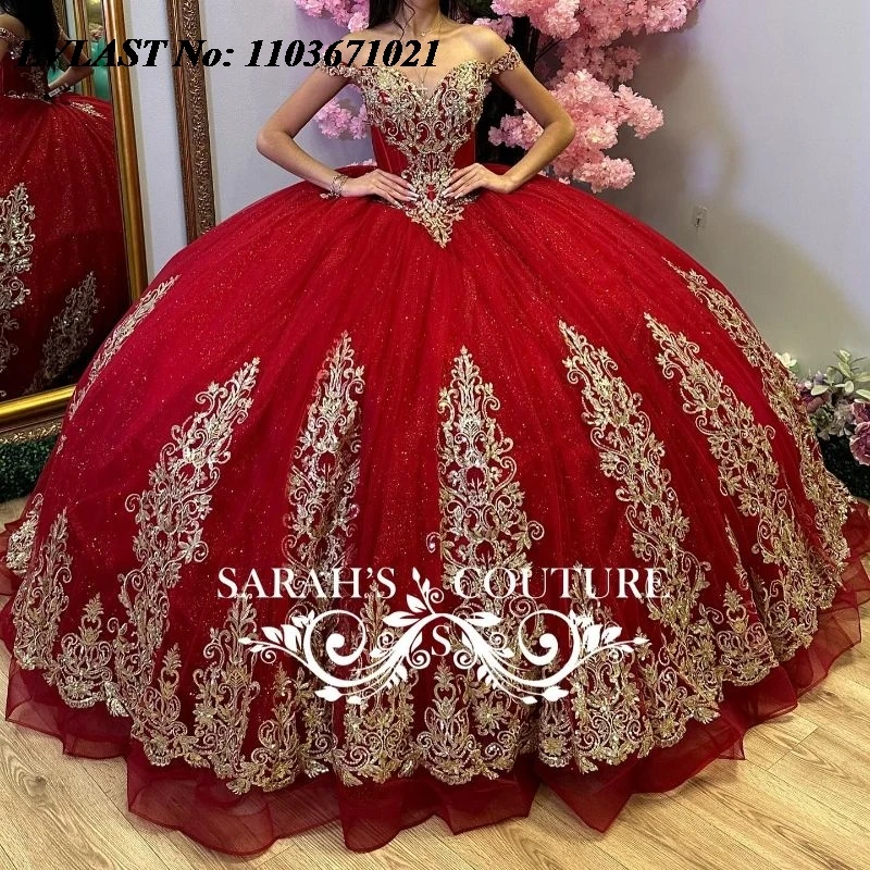 EVLAST Personalizado Vermelho Quinnceanera Vestido de Baile Ouro Renda Applique Frisado Em Camadas Espartilho Doce 16 Vestidos De 15 Anos SQ636