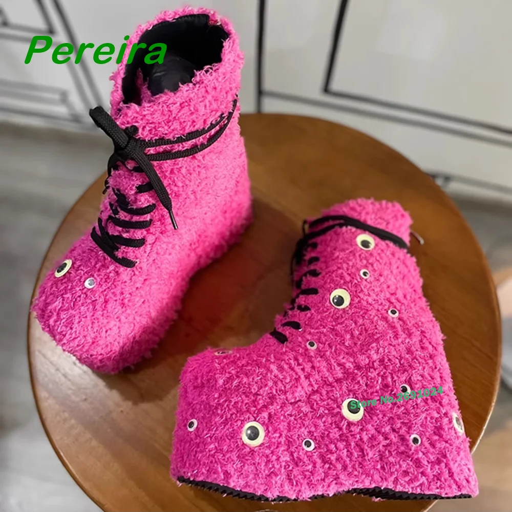 Pink Plush Eyes Decor Ankle Boots Platform Wedges Super High Heels Women\'s Boots Round Toe Cross Tied Lace-Up Winter Shoes Sexy