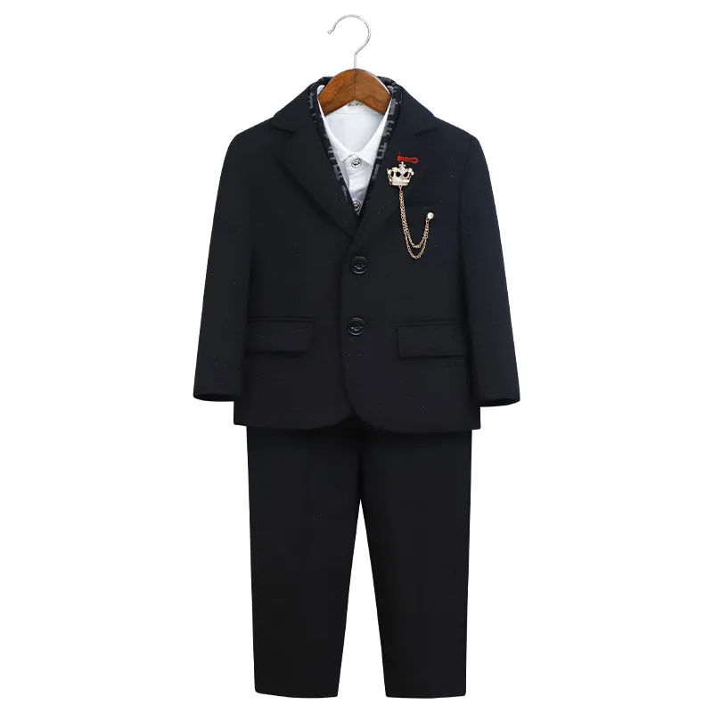 

Kids Jacket Vest Pant Brooch Scarf 5Pieces Formal Wedding Birthday Photography Outfit Suit Boys Piano Host Ceremony Costume