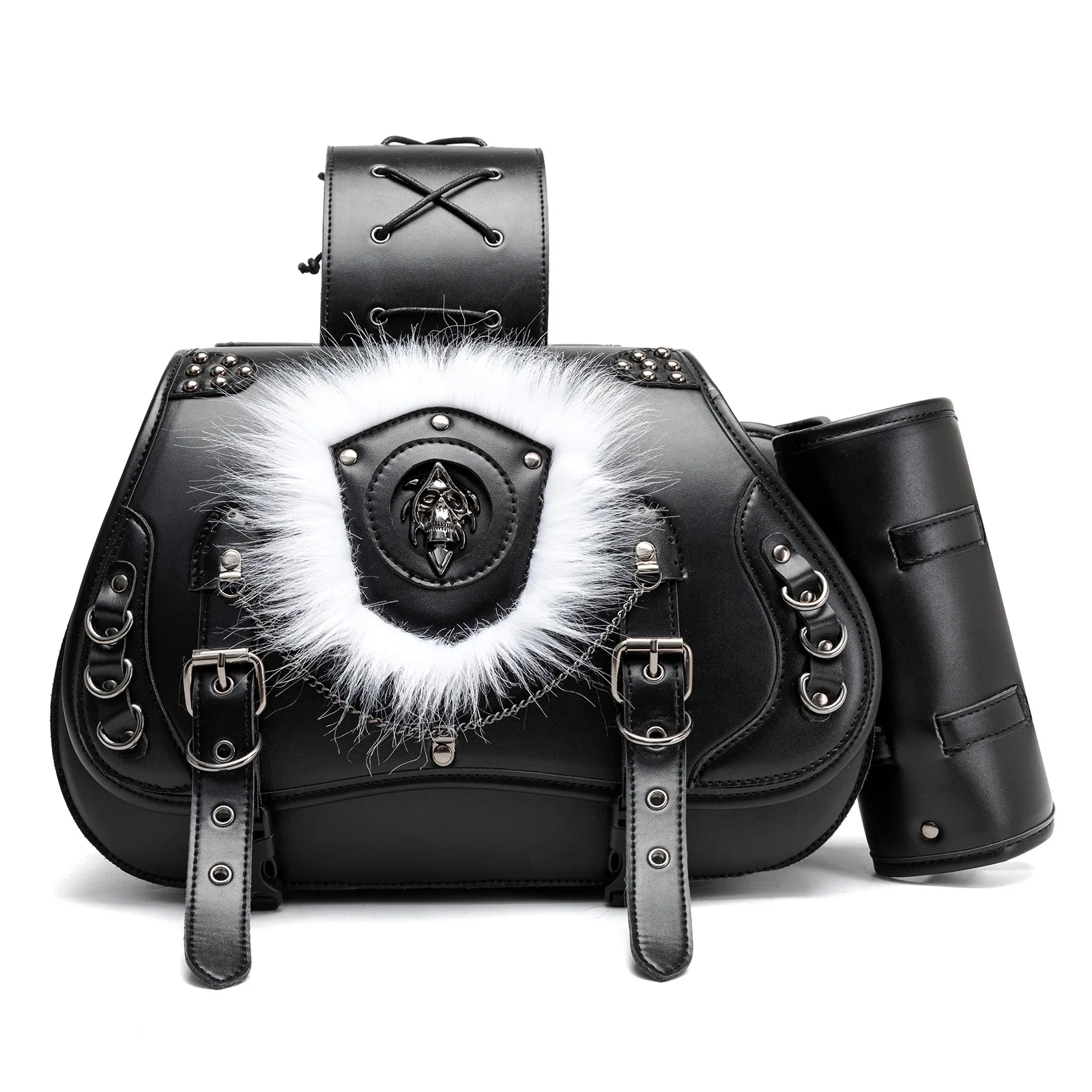 Retro Motorcycle Throwover Saddlebags PU Leather for Harley  Honda Yamaha Big Bag Skull Monster Pattern Knight Simulates Fox Fur