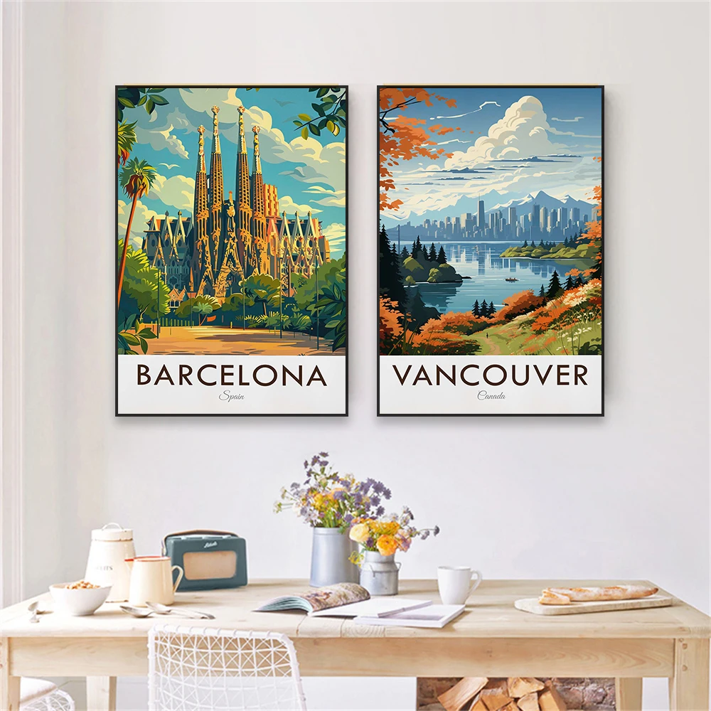 Vintage Style Travel Print Poster Dover England Landscape Colorful Barcelona Spain Print Vancouver Canvas Painting Bedroom Decor