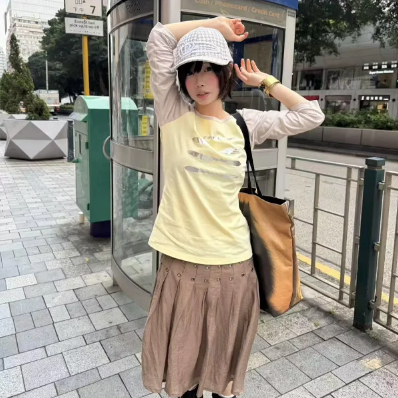 Women Yellow Graphic T Shirt Raglan Sleeve Color Block Top Knife Fork Print Vintage Casual Slim Fit Three Quarter Sleeve Shirt