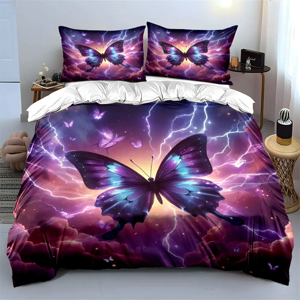 Dreamy Butterfly under Purple Lightning Print Bedding Set 1 Duvet Cover 2 Pillowcases for Adult and Children Luxury Gift