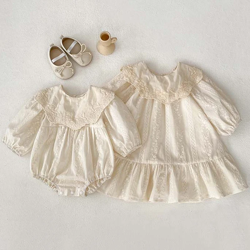 Sisters Dress Autumn Baby Bodysuit Toddler Baby Girl Bodysuit Flower Embroidery Infant Girls One Piece A Line BIg Sisters Dress