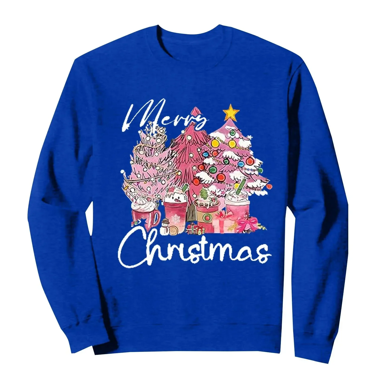 Women's Pink Christmas Tree Print Hoodie Merry Christmas Colorful Xmas Tree Pullover Soft Autumn Winter Knitwear Holiday Clothes