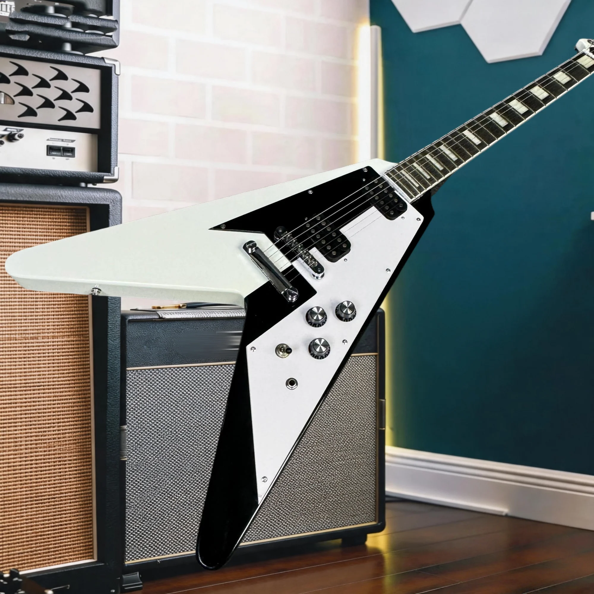 Flying V Solid Body Electric Guitar Black White Split Color Finish HH Humbucker Pickups Tremolo System, Sharp Cutting Tone