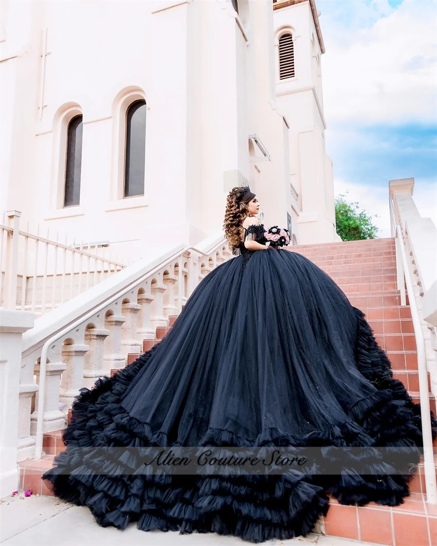 Sparkly Black Quinceanera Dress Sweet 16 Ball Gown Off Shoulder Ruffle Mexico Applique Beading Vestidos De XV Anos  Customized