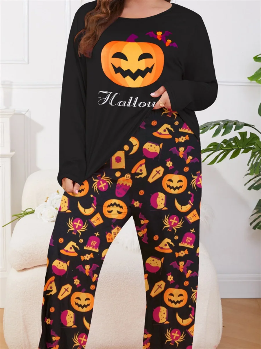 Women Halloween Plus Size Pajamas Lounge Set Ghost Witch Print Tops and Pants 2 Piece Loungewear Outfits for Spooky Nights