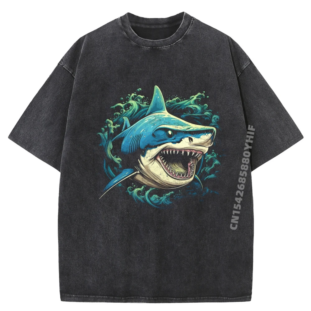

Shark Swimming Cartoon Style Ocean Tshirts Normal Mens Tops Tees Funny Tee Shirts Mens Retro Washed Clothes