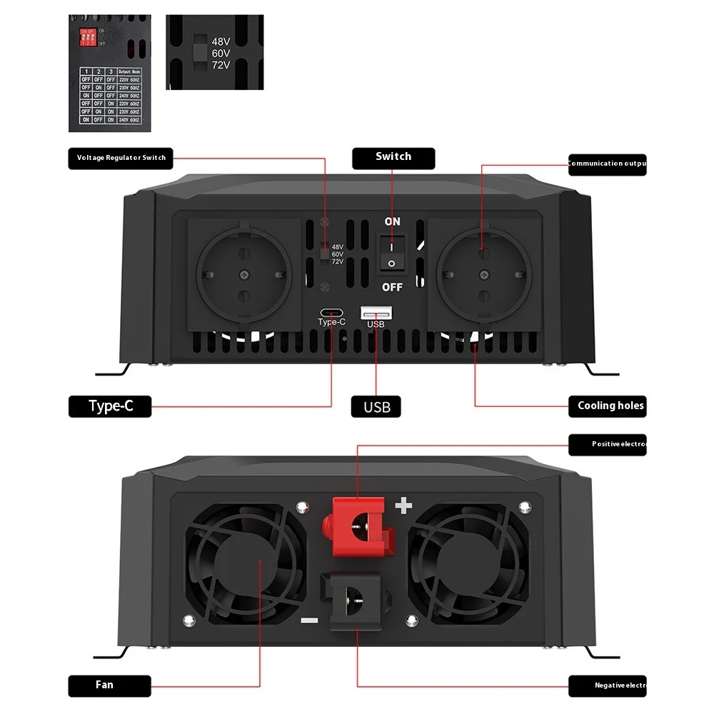 

Инвертор чистой синусоиды, интеллектуальная идентификация, три напряжения, 48 В, 60 В, 72 В, защита автомобиля IP65