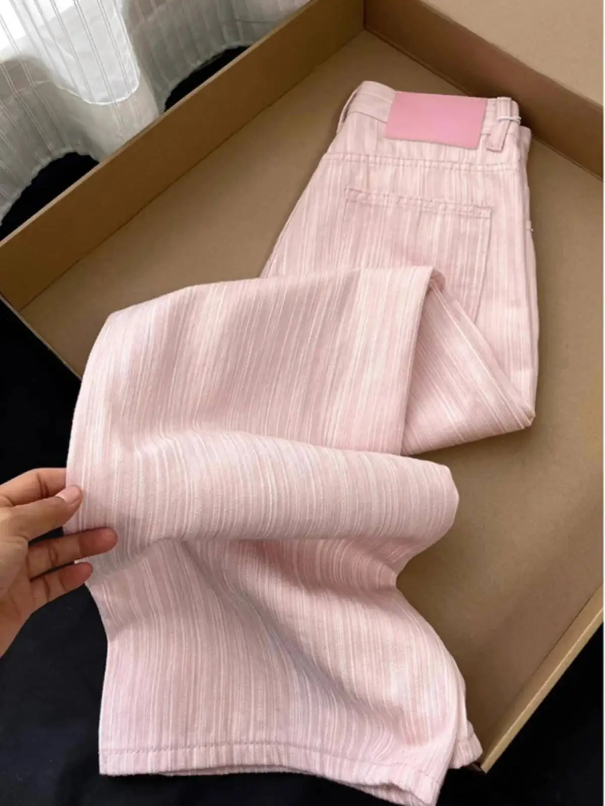 

Summer Thin High Waist Straight Wide Leg Pink Jeans Women's Casual Floor Length Trousers Long Pants Textured Sensation