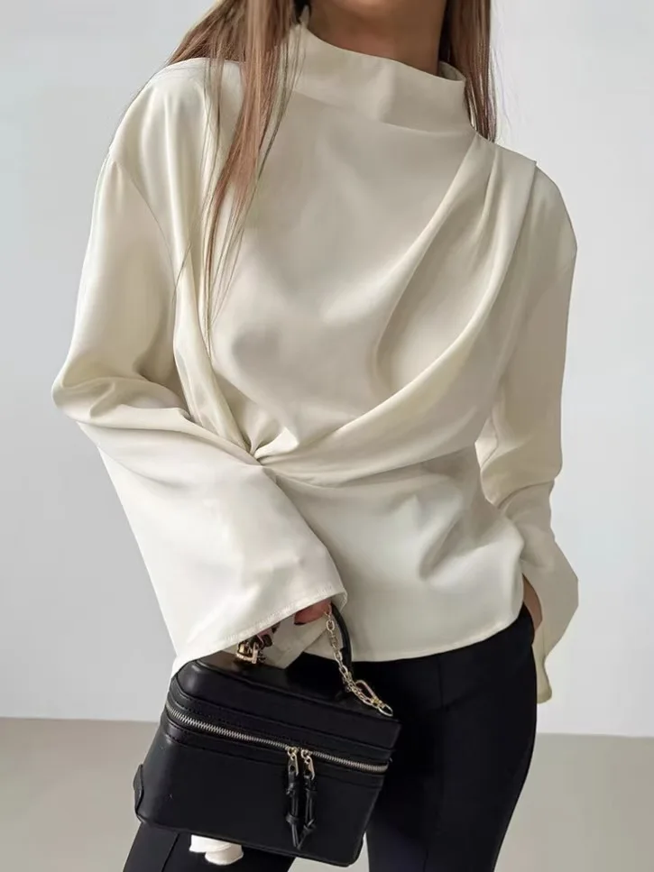 เสื้อเชิ้ตผู้หญิงทรงหลวม แขนยาว คอตั้งพับได้ ทรงบาน สไตล์ลำลอง สีพื้น เหมาะสำหรับใส่ทำงานในออฟฟิศ