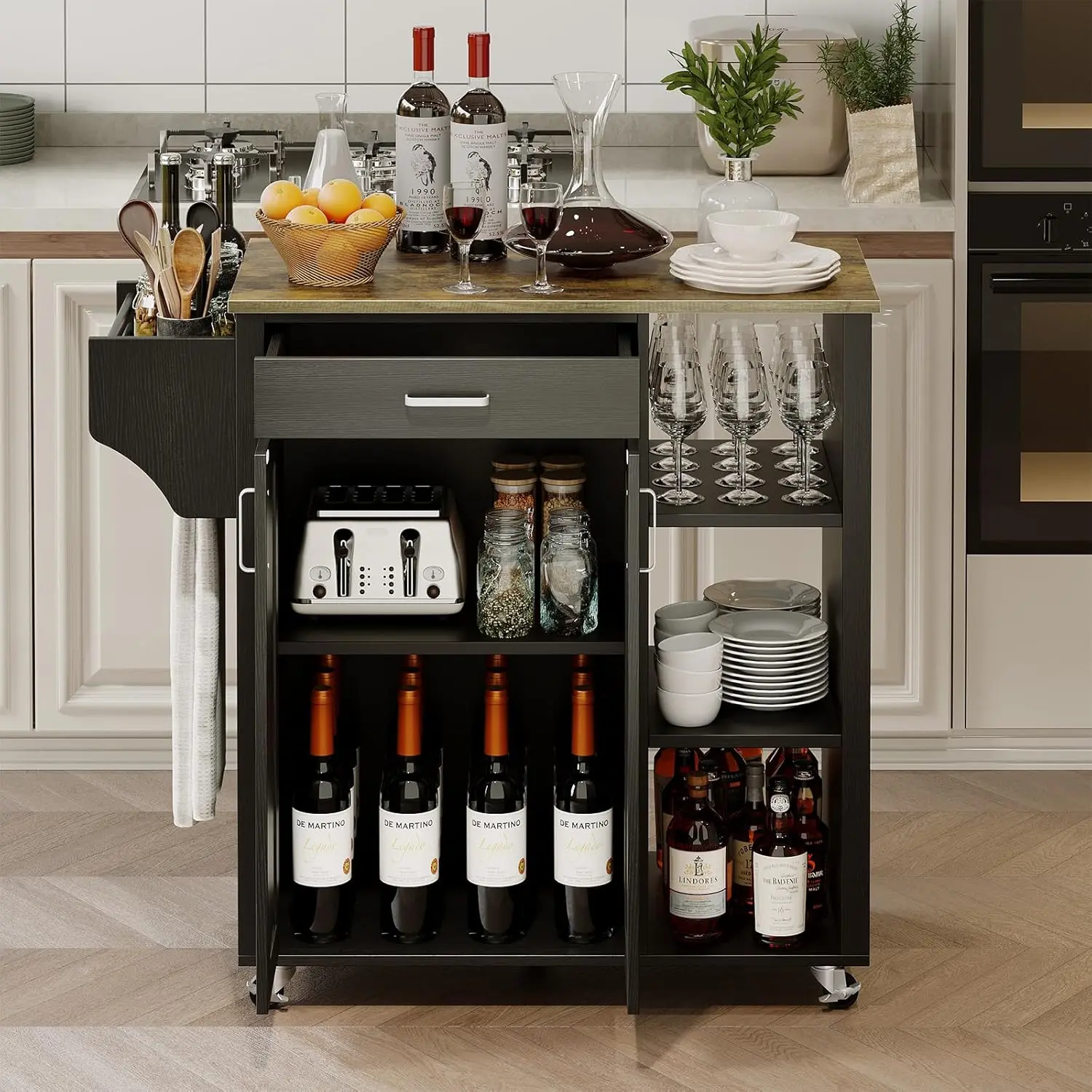 Mobile Kitchen Island Cart Wood Kitchen Island with Storage Mobile Kitchen Island with Spice Rack& Drawer & Open Shelves