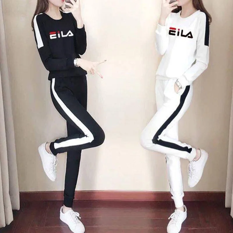 Autumn New Women\'s Sports Suit Letter Printed Sweatshirts & Sweatpants Korean Fashion Loose Striped Trousers Two Piece Set