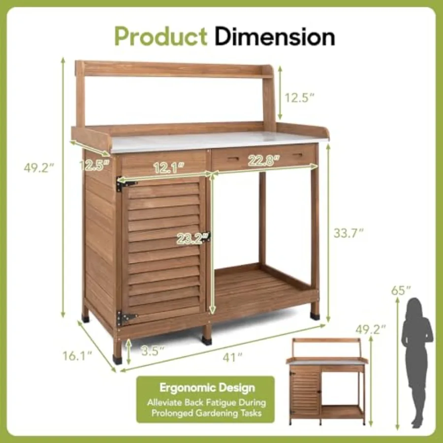 Outdoor Potting Bench Table, Wooden Weatherproof Garden Work Station with Sliding Drawer, Metal Table Top, Metal Hooks, Large B