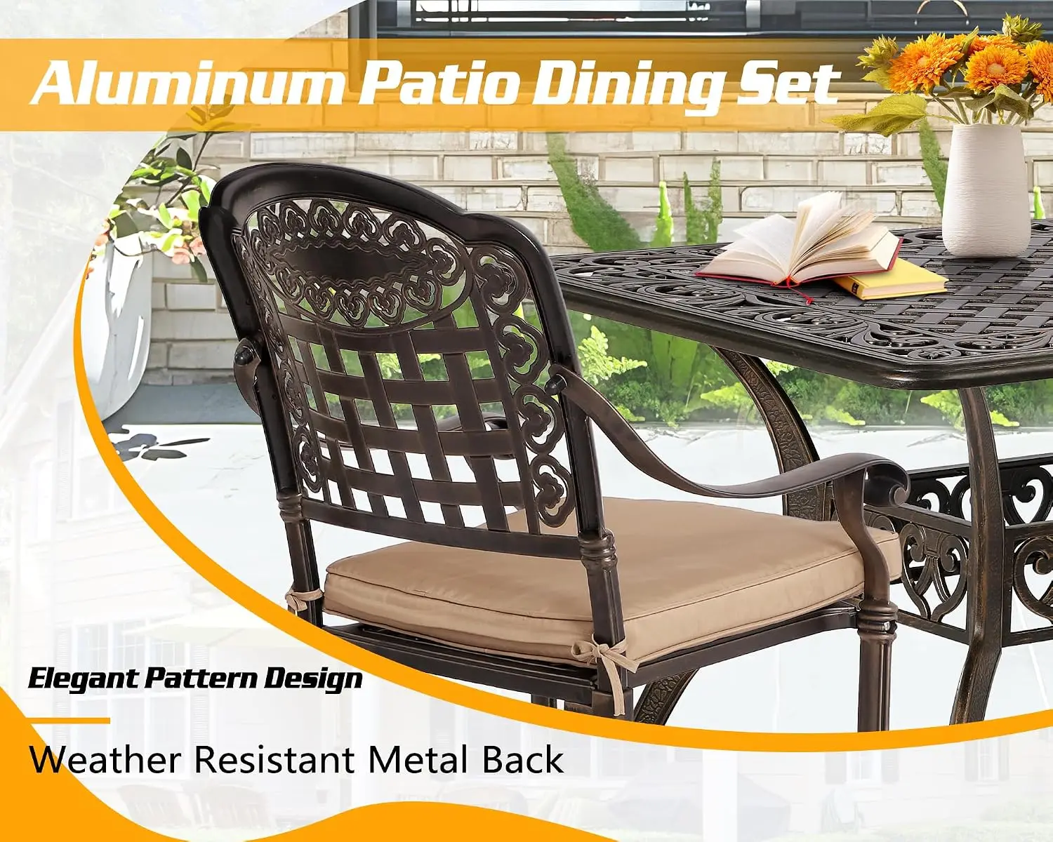 Cast Aluminum Patio Dining Set 7-Piece W/Cast-Top Table & Chairs, Customized