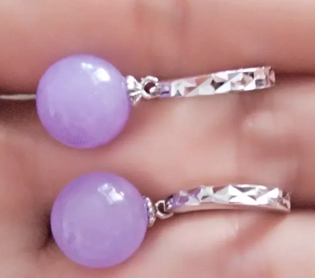 

Fine Jewelry Earring Fashion Natural 10mm Lavender Jade Round Beads Silver Hook Earrings