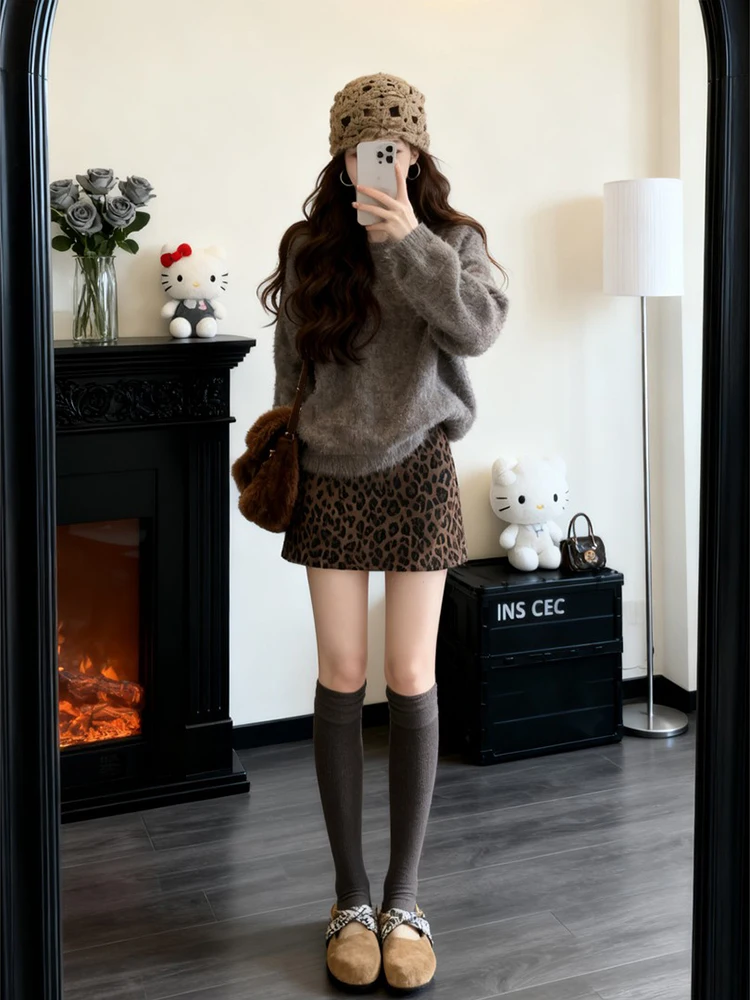 Slimming High Waist A-Line  Skirt Women's Retro Design Leopard Print Skirt MARIE.  Brand Autumn Winter New Style