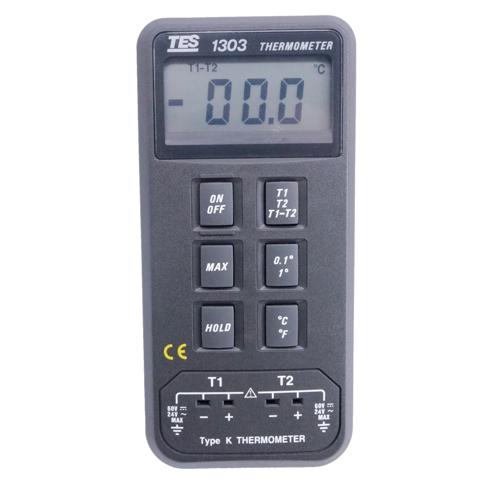 

TES-1303 Dual-Input Digital Thermometer with K-Type Thermocouple, T1-T2 Differential Measurement Range -50 °C - 1300 °C