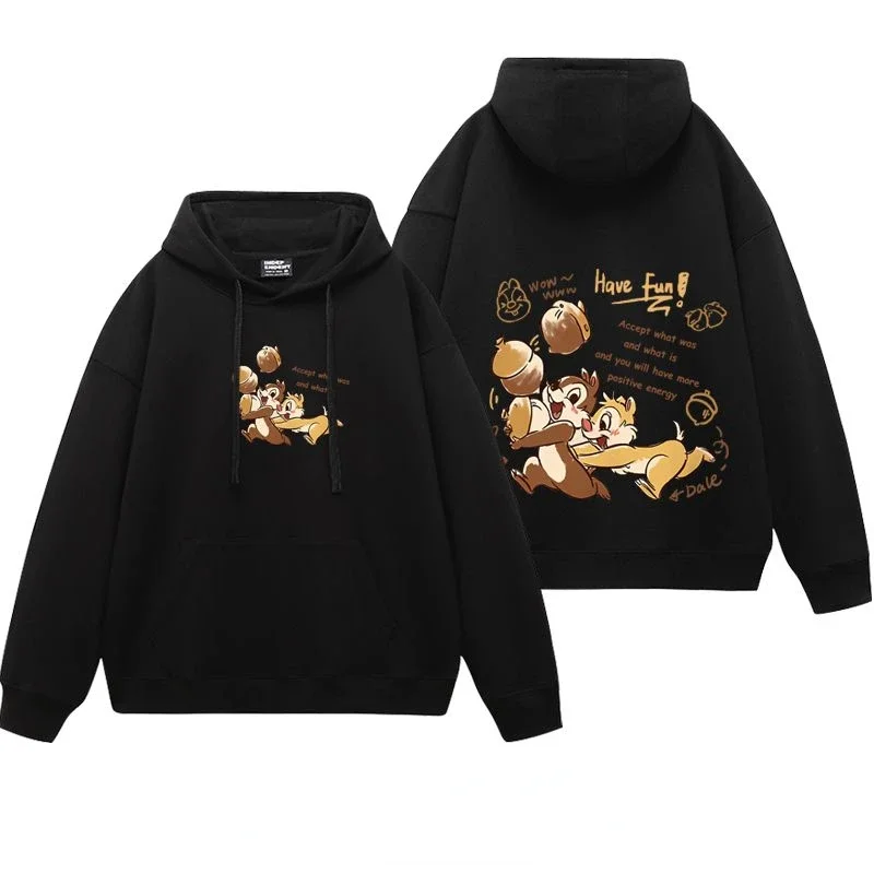 Cute Disney Chip Dale creative cartoon print simple and fashionable velvet thickened soft comfortable loose hooded sweatshirt