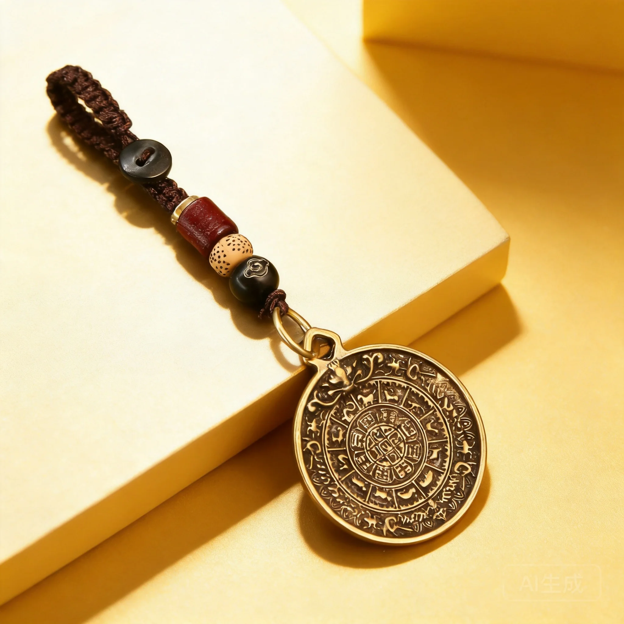 Brass Nine Palaces Eight Trigrams 12 Chinese Zodiac Round Pendant Keychain, Retro Tibetan Style Portable Hanging Ornament For