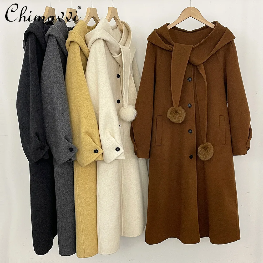 

Korean Style Elegant Fashion Detachable Hooded Wool Coat Round Neck Single Breasted Versatile Woolen Long Jacket Women Winter