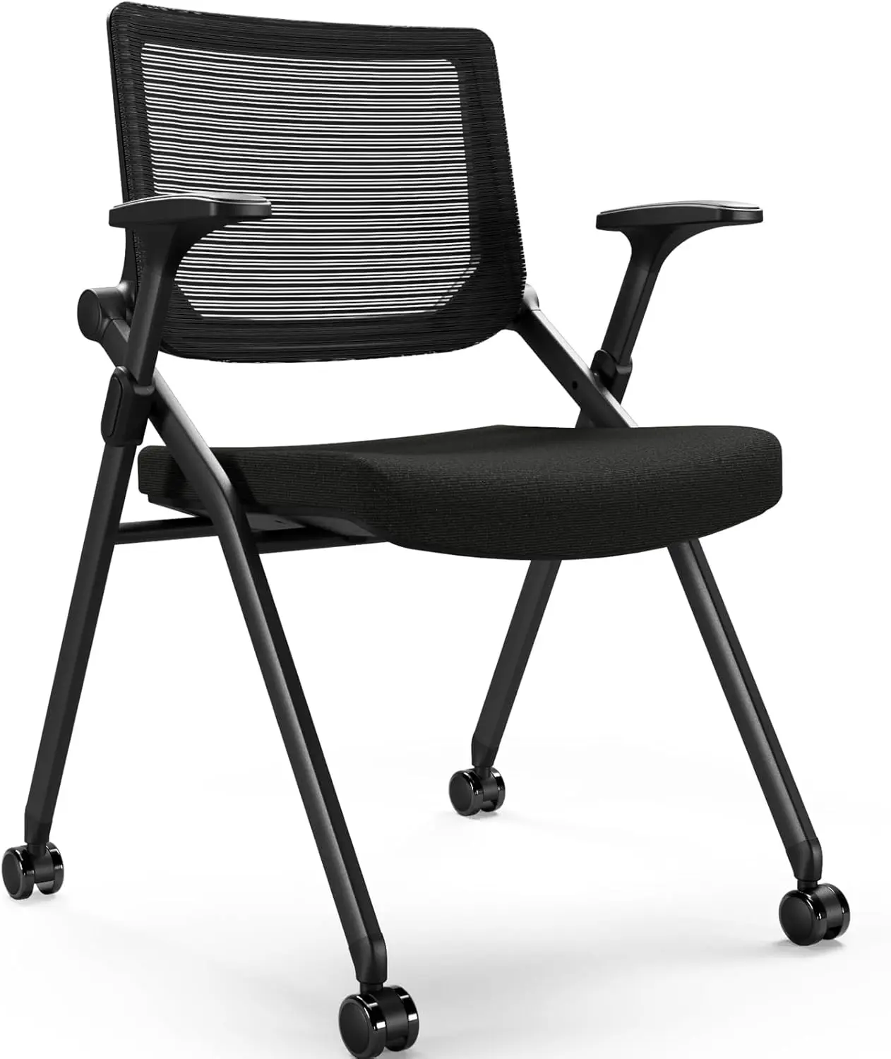 Silla de oficina plegable con ruedas de PU y reposabrazos liso, respaldo hinchable de malla ergonómica, silla apilable para sala de conferencias