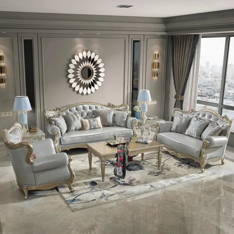 European Leather Sofa American Light Luxury First Layer Cowhide French All Solid Wood Three-person Combination Living Room Furni