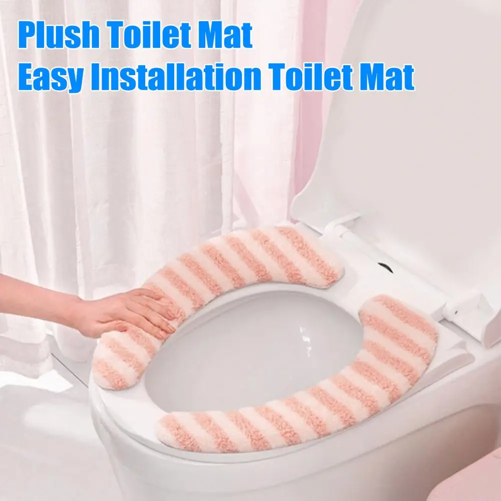 Toilet Seat Cushion Electrostatic Adsorption Toilet Cover 1 Pair Plush Toilet Mat Set Thickened Striped Bathroom Rug Warm Soft