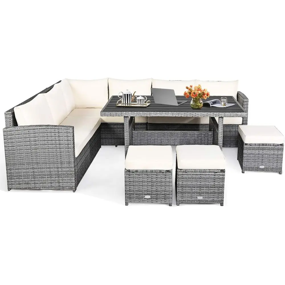 

Beige 7-Piece Rattan Patio Furniture Set with Cushions, Dining Table, and Ottomans for Outdoor Balcony or Garden Oasis