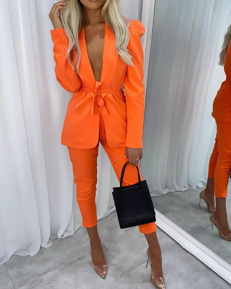 Women Open Front Blazer Top +Pant Fall 2 Piece Sexy Club Outfits Solid Tie Front Blazer & Pants Set Orange Pants Suit Streetwear