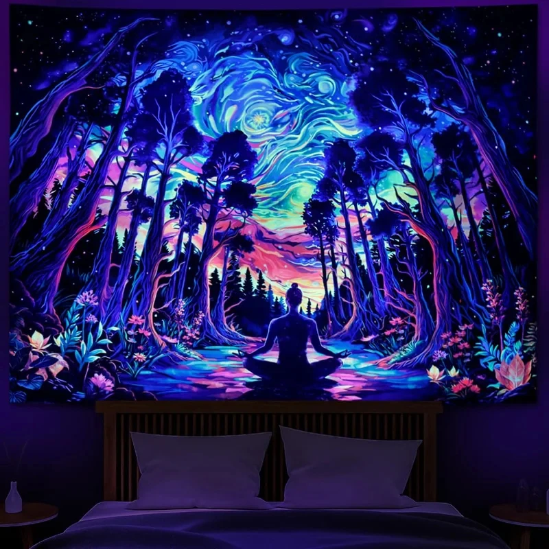 VIKAMA Schwarzlicht Yoga-Meditations-Wandteppich UV-Reaktiver Psychedelischer Wald-Wandbehang für Party- und Heimdekoration