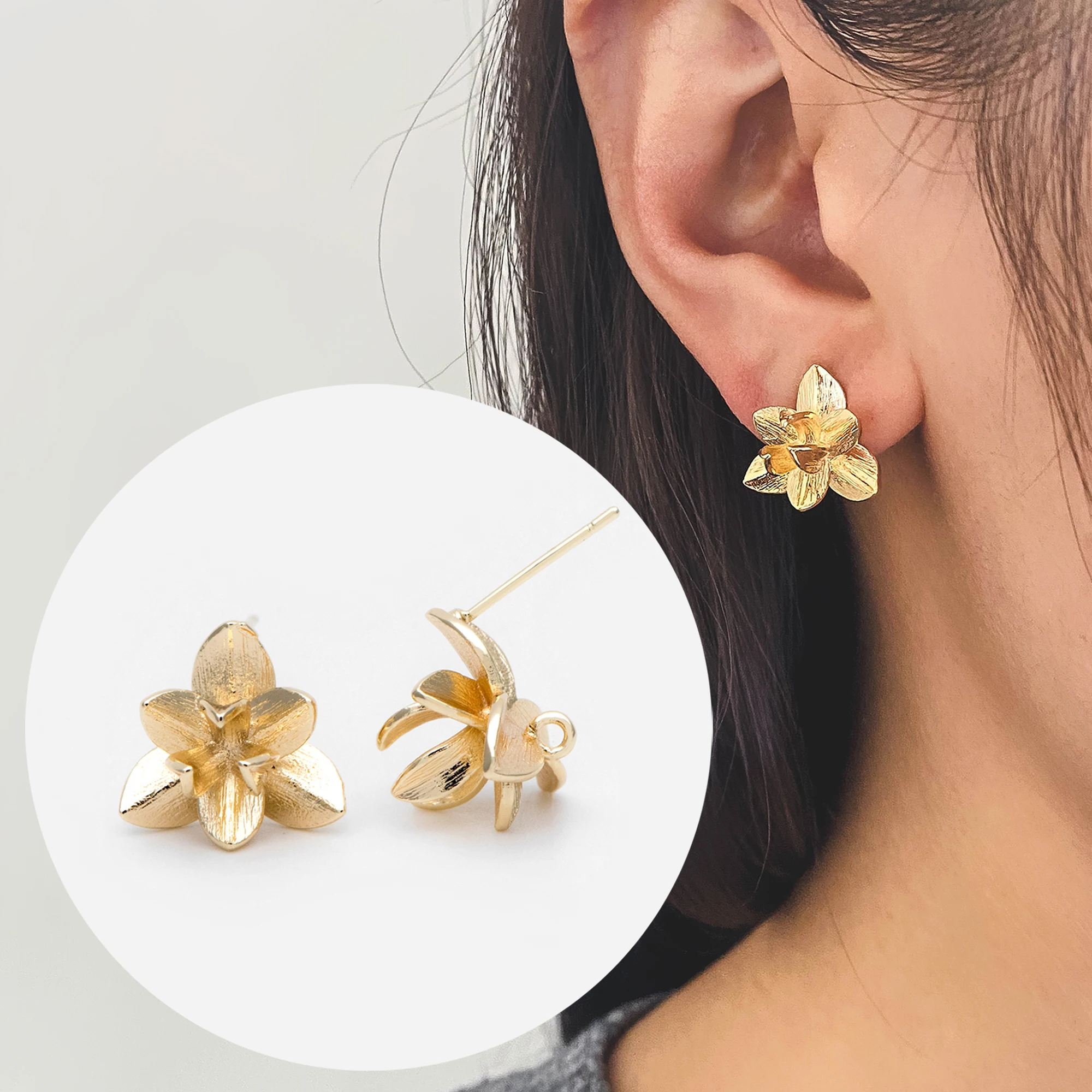 

Flower Ear Posts 15mm, 18K Gold Plated Brass, Foral Stud Earrings with Loop, For Jewelry DIY (GB-984)/ 10pcs =5 Pairs