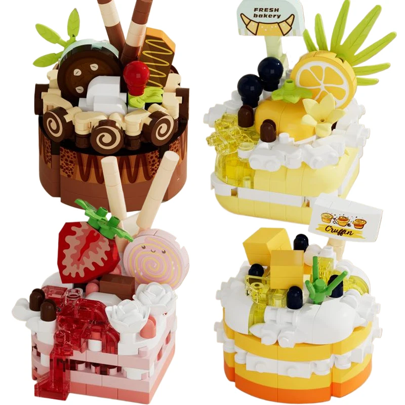 MOC Cute Birthday Cake Model Building Blocks Food Lemon Strawberry Cake Bricks Girls Gift Toys for Kids Children